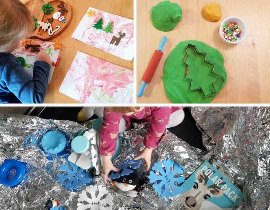 Collage of 3 photos of different winter or christmas activities for children