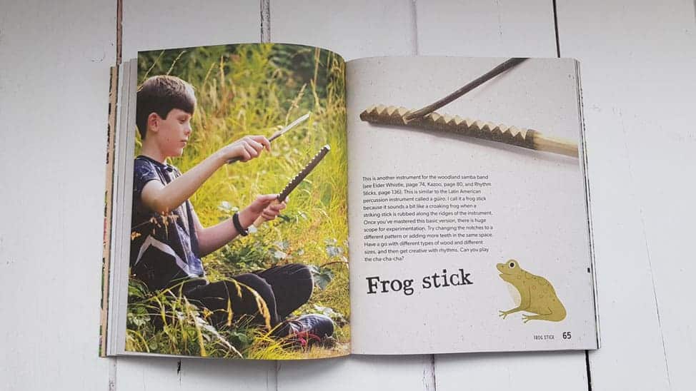 Book open at a page with photo and description of making a frog stick