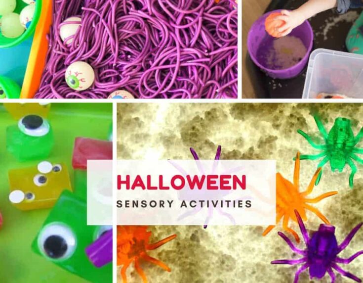 4 colourful photos of Halloween sensory bins and text that reads Halloween sensory activities