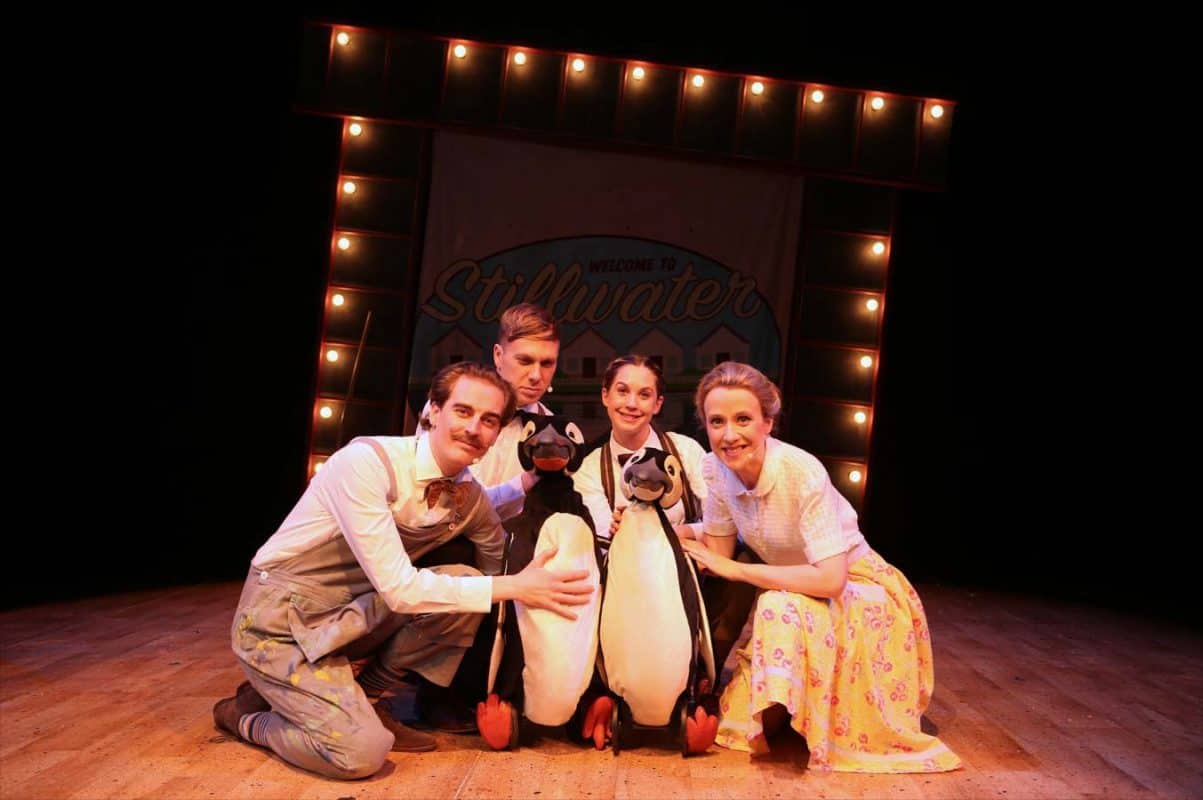 Cast of Mr Poppers Penguins and two puppet penguins