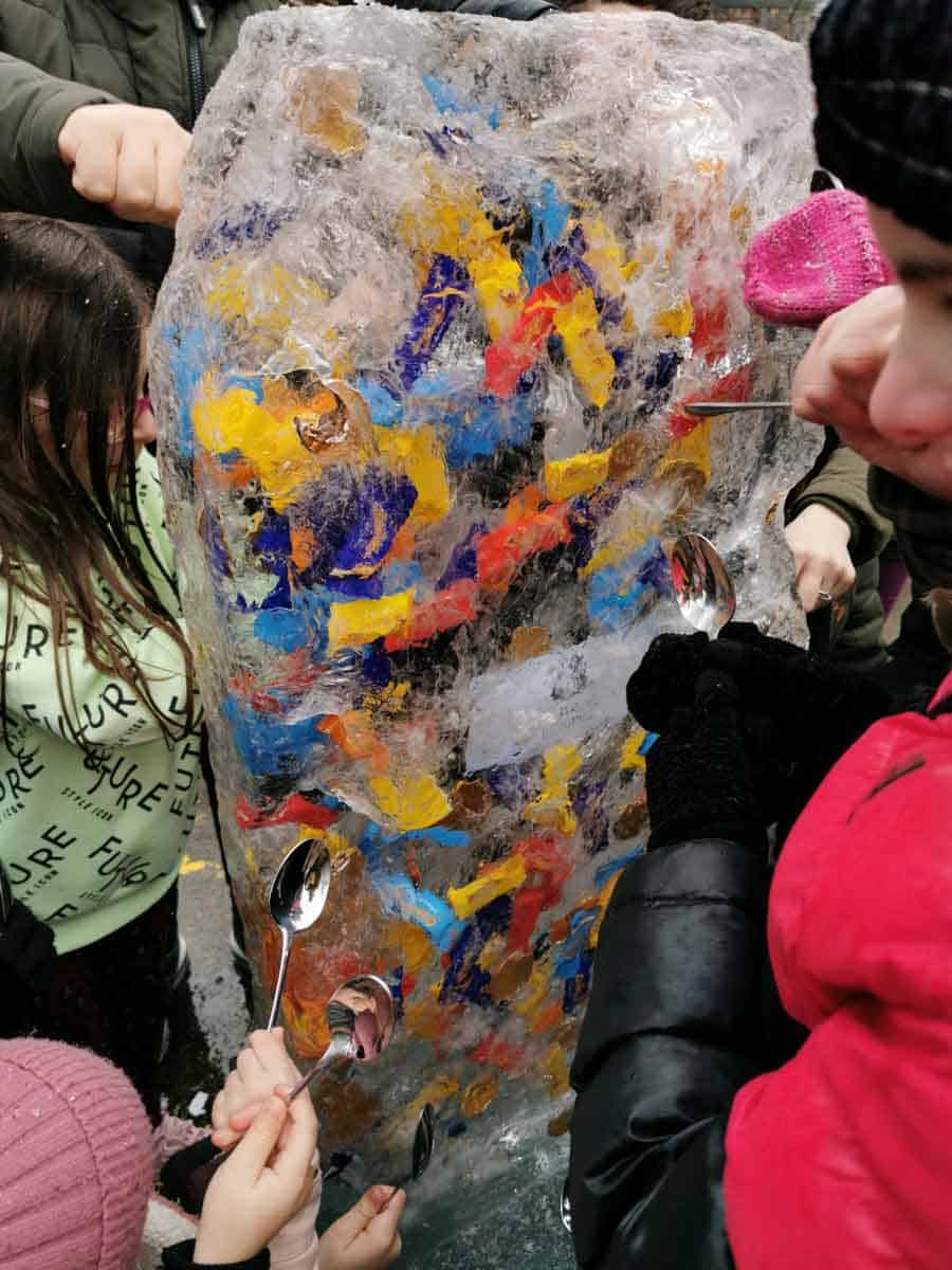 Ice sculpture filled with chocolate