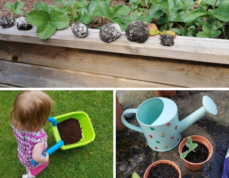 3 photos of kids gardening tasks