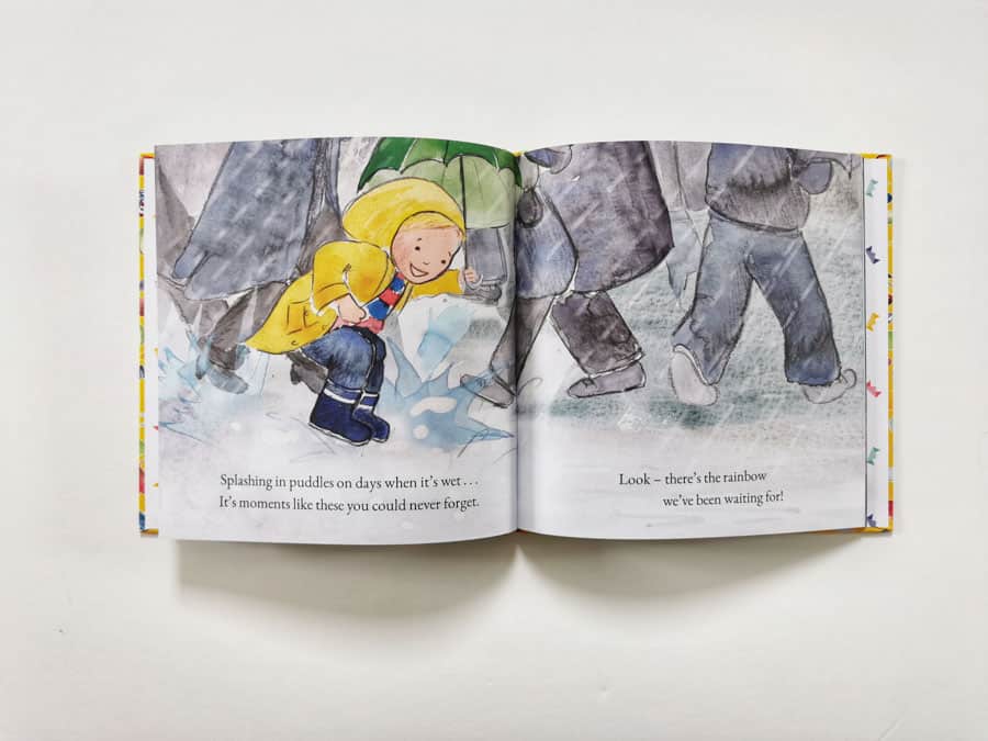 Illustrations inside a picture book. Illustration a a child in yellow rain coat splashing in puddles