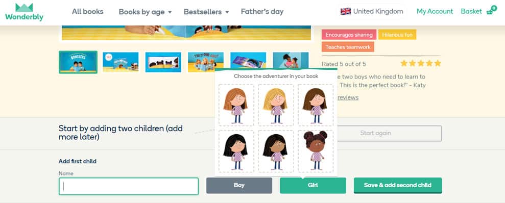 Wonderbly website and the different illustrations of children that can be included in your personalised book