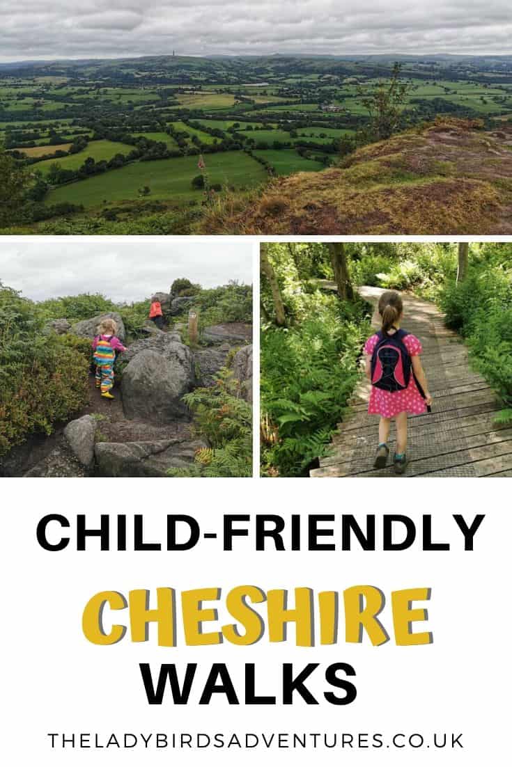 Collage of children walking in the countryside with overlay text reading child-friendly cheshire walks