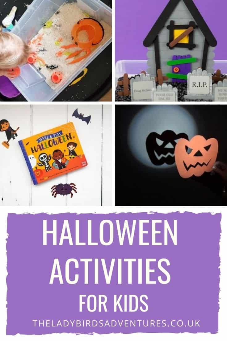 Collage of Halloween images with overlay text reading Halloween activities for kids
