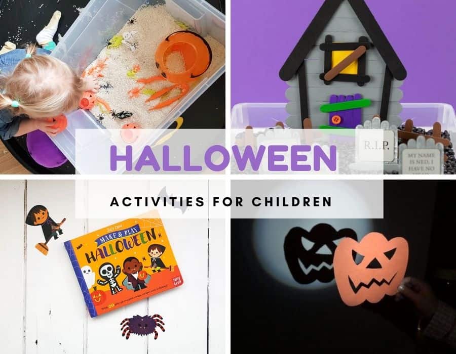 4 images of kids halloween activities with overlay text reading Halloween activities for children