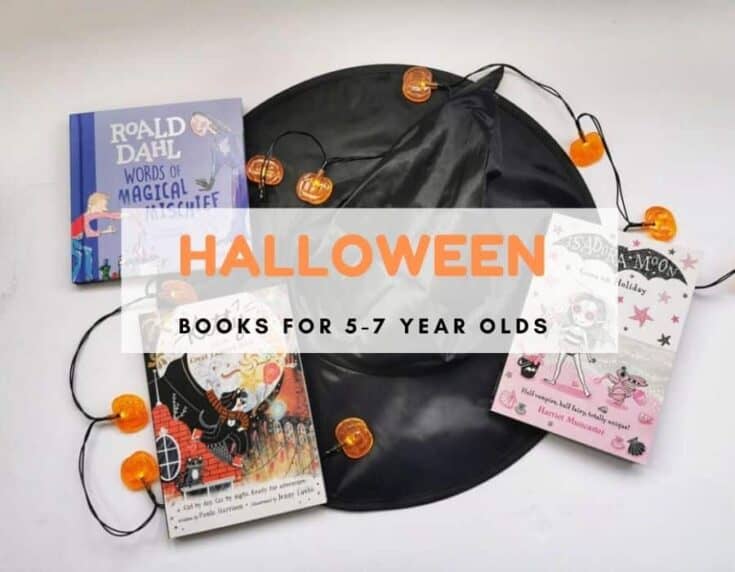 Witches hat with chapter books with a halloween theme on top and pumpkin string lights. Overlay text reads Halloween books for 5-7 year olds
