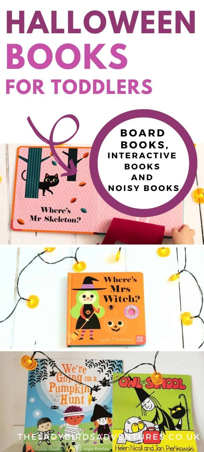Selection of Halloween books with overly text reading Halloween books for toddlers including board books, interactive and noisy books