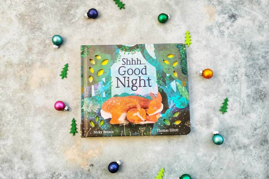 Front cover of the book Shh.. Good night on a stone background with mini christmas decorations