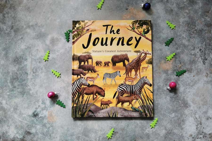 Front cover of the book the journey on a stone background with mini christmas decorations