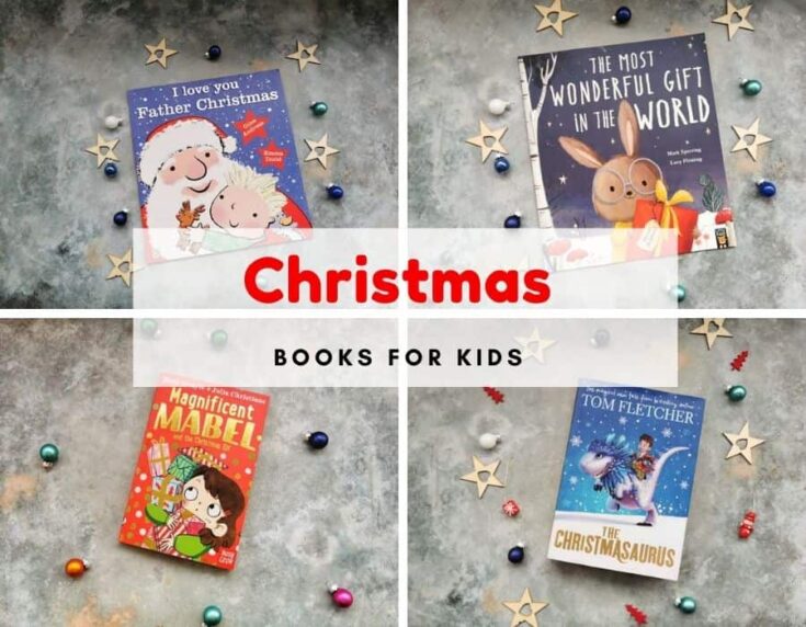 Images of 4 different Christmas childrens books and overlay text reading Christmas books for kids