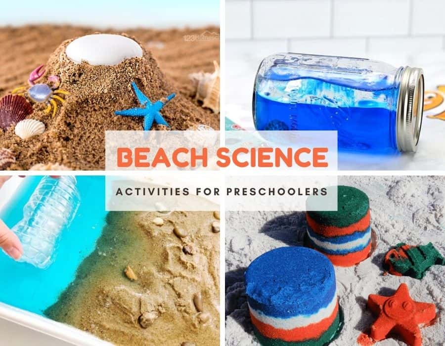 4 beach science activities for kids including beach volcano, jar of blue water, beach sensory tray and coloured sand. Text reads beach science activities for preschoolers