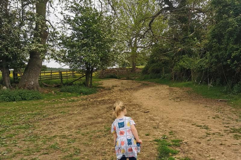 Child walking up a field to a gate