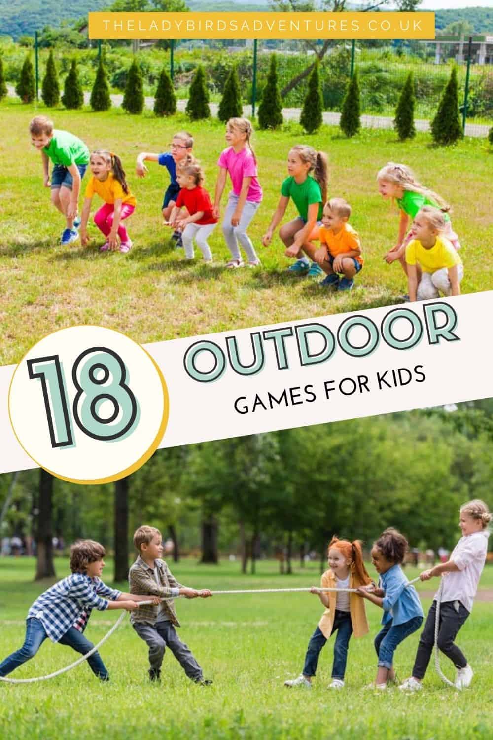 2 photos of kids playing outdoors and text that reads 19 outdoor games for kids
