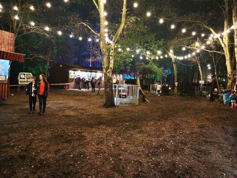 Food vans in a woodland at night with lots of strings of lights between trees