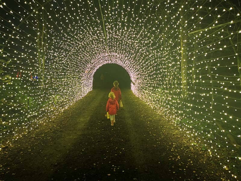 girls walking through a light tunnel