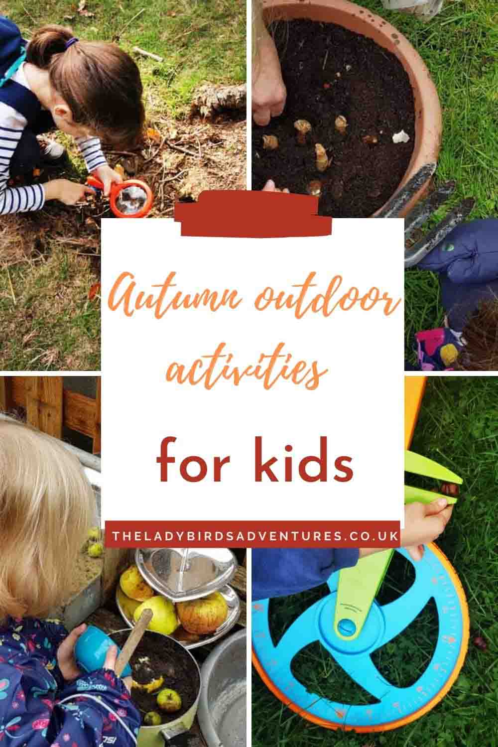 4 photos of kids doing outdoor activities in autumn. Text reads autumn outdoor activities for kids