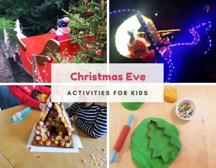 4 festive photos of kids activities and text that reads Christmas eve activities for kids