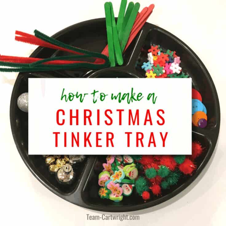 Tray filled with pipe cleaners, pom poms and sequins. Text reads how to make a christmas tinker tray