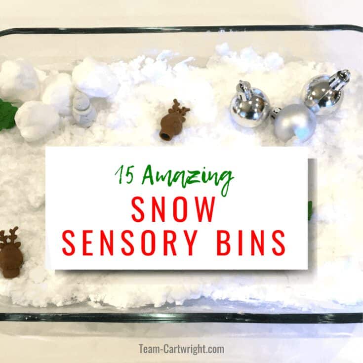 Tray of fake snow with toy animals in it and text which reads 15 amaxing snow sensory bins