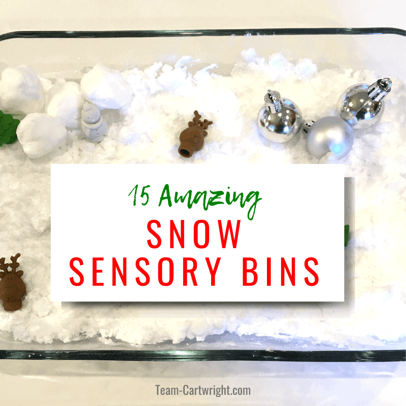 Tray of fake snow with toy animals in it and text which reads 15 amaxing snow sensory bins