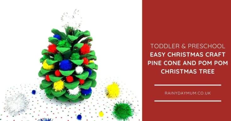 Pine cone painted green and with coloured pom poms added