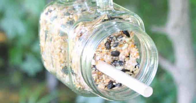 Jar hanging on it's side filled with seeds