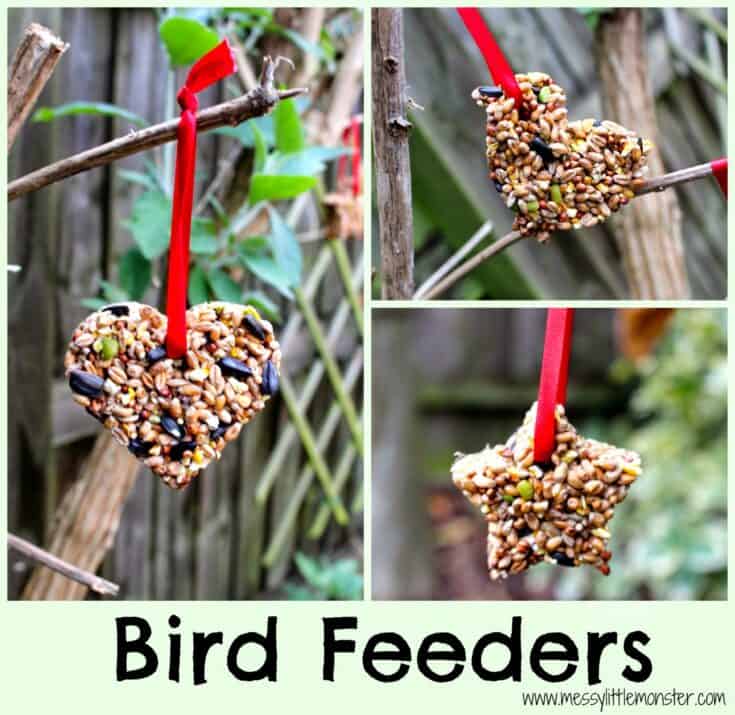 bird seeds in shapes of hearts and star hanging by red ribbons