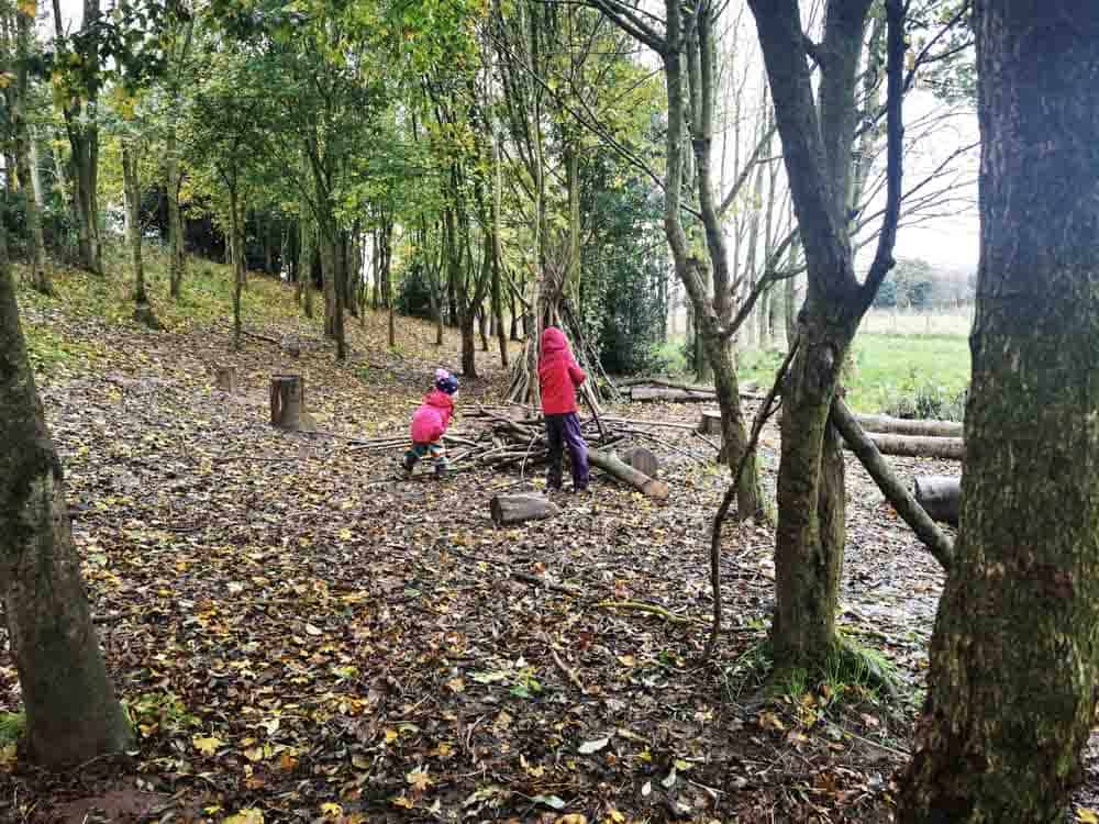 Children building woodland den