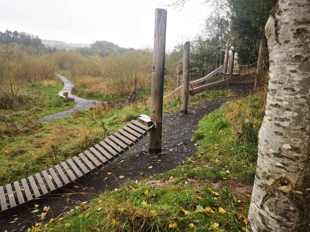 Wobbly bridges and slide in woodland play area