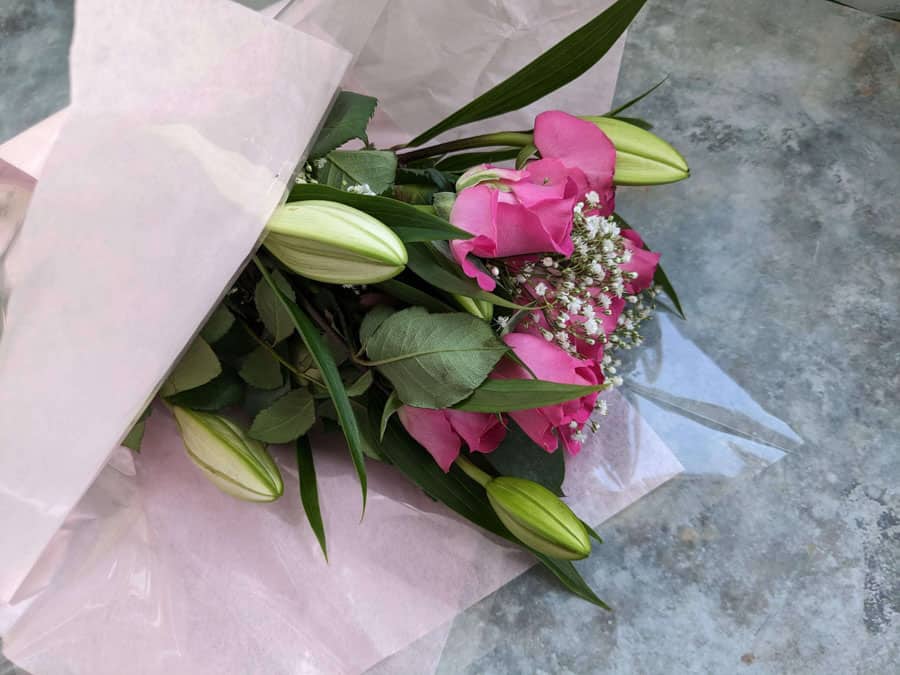 Bouquet of pink roses and white lilies