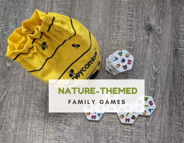 Yellow bag of a ceramic tile game and text tha reads Nature-themed family games