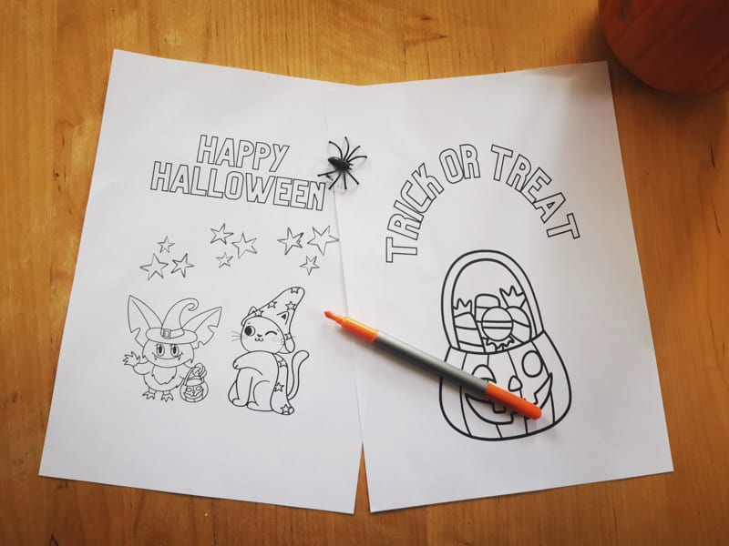 2 Halloween colouring sheets, a plastic spider and an orange pen on a table