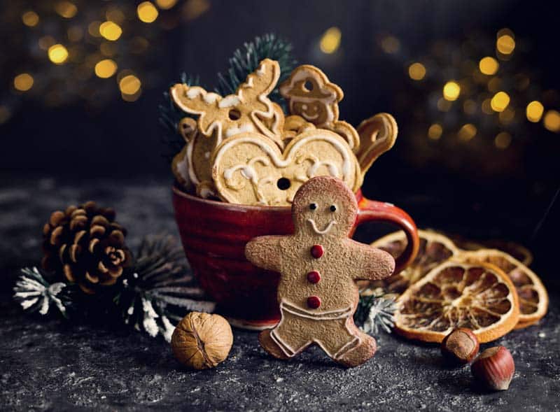 Red mug with gingerbread biscuits in it. Fairy lights in the background