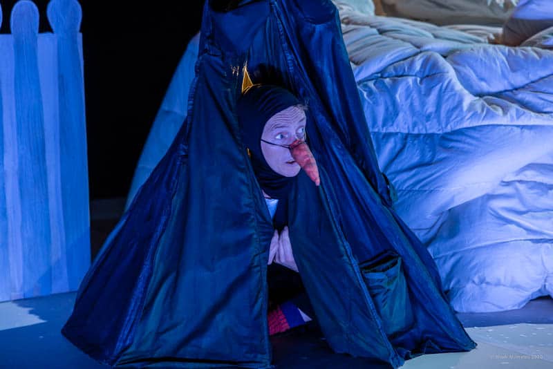 Man dressed as a penguin in a tent