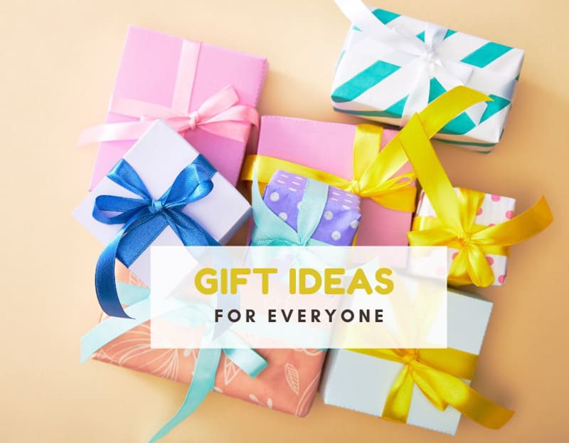 Pile of gifts and text that reads gift ideas for everyone