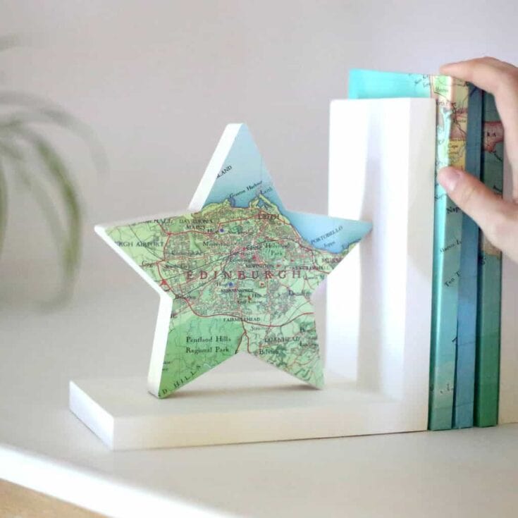Star shaped book end with a map image