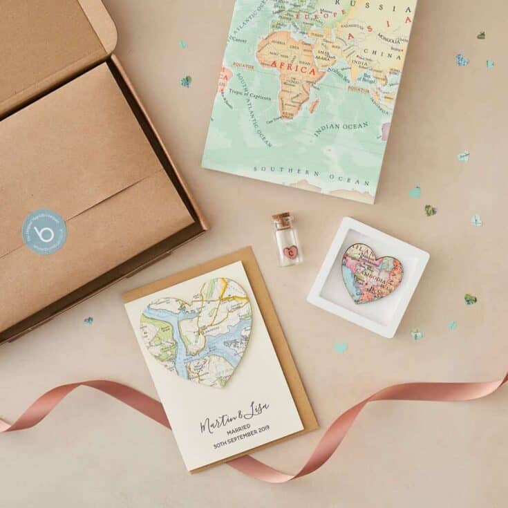 Flat lay photo of different vintage map gifts