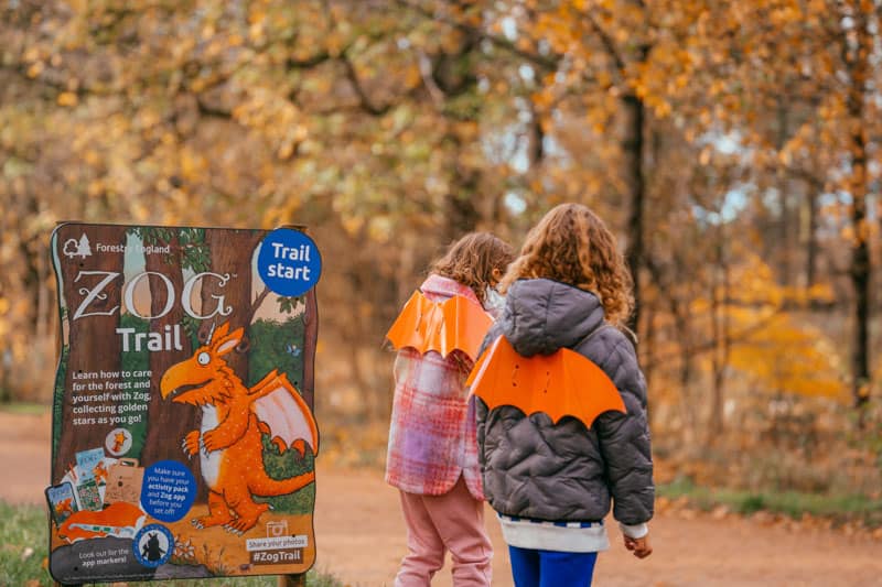 backs of two children wearing dragon wings in the woodland with a Zog trail sign