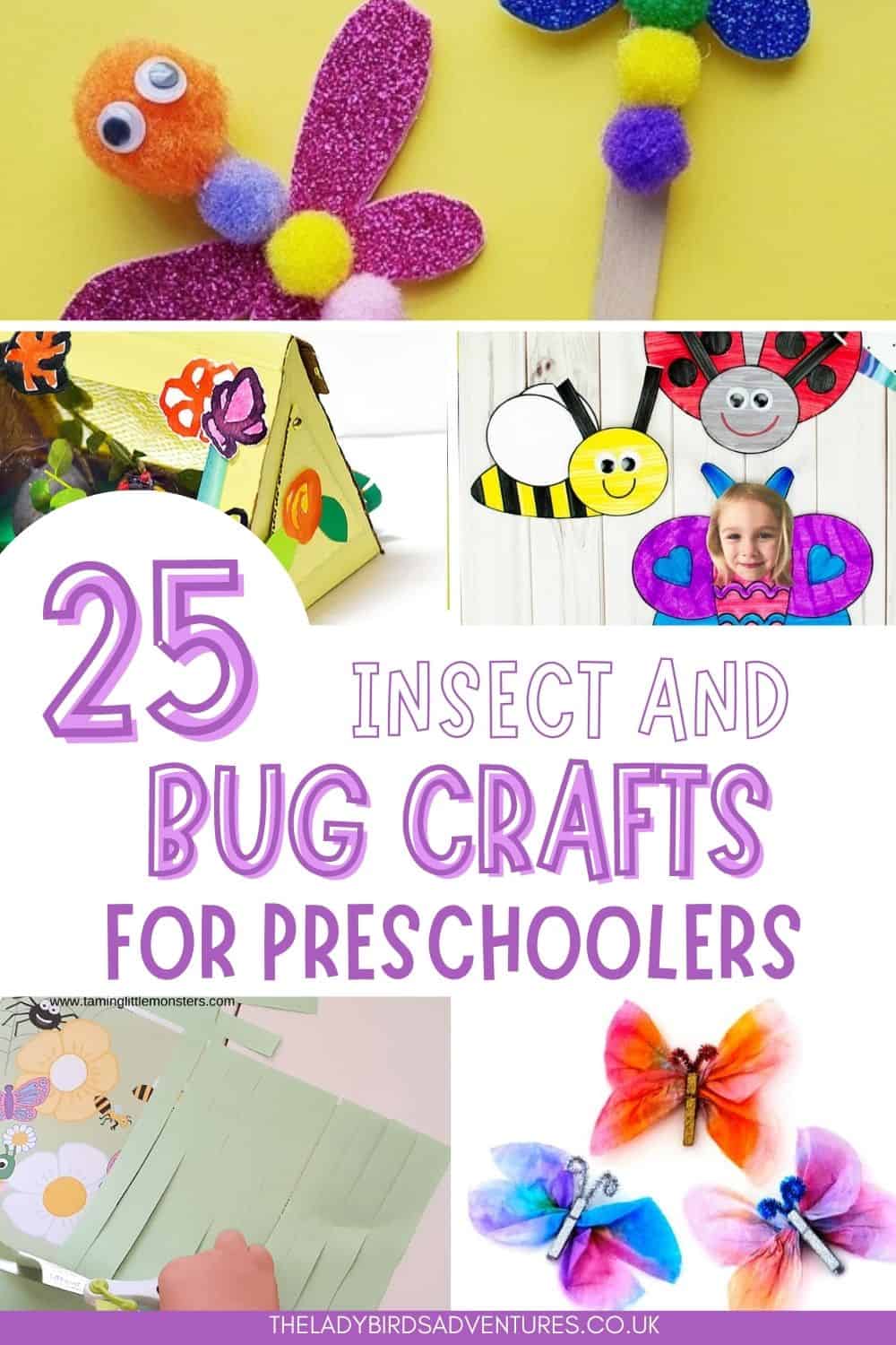 5 photos of insect crafts and text that reads 25 insect and bug crafts for preschoolers