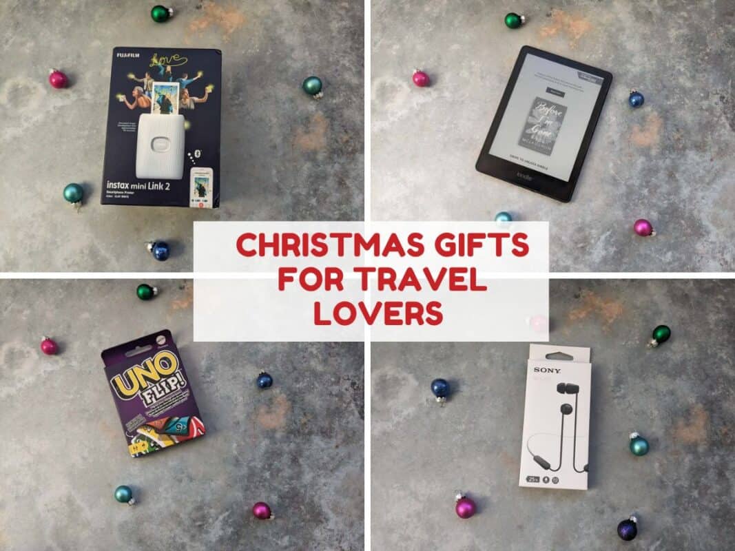 4 photos of different gifts (kindle, uno, headphones and photo printer. Text reads Christmas gifts for travel lovers