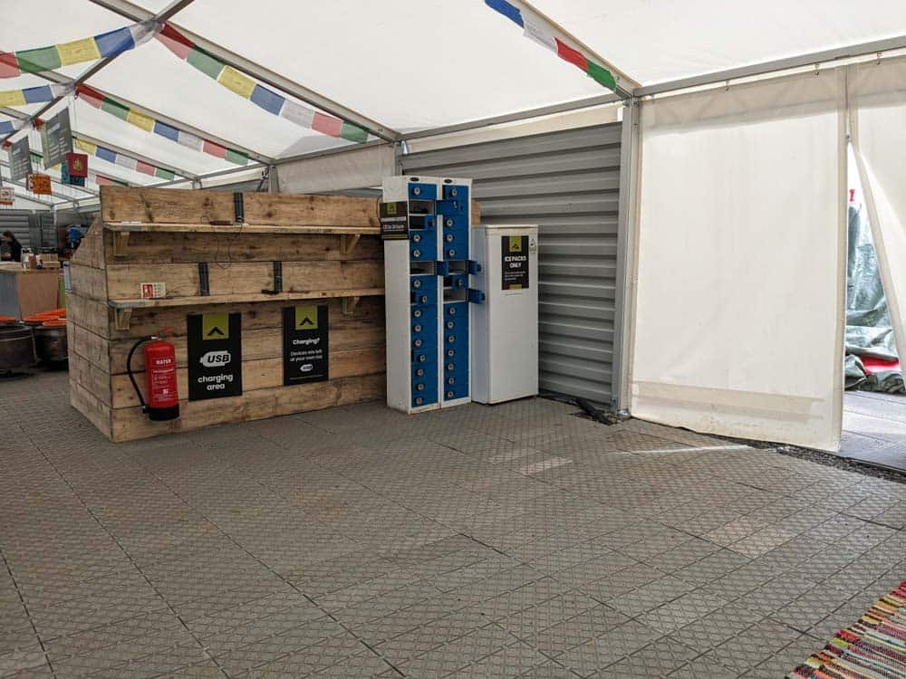 Fridges and charging lockers in a marquee