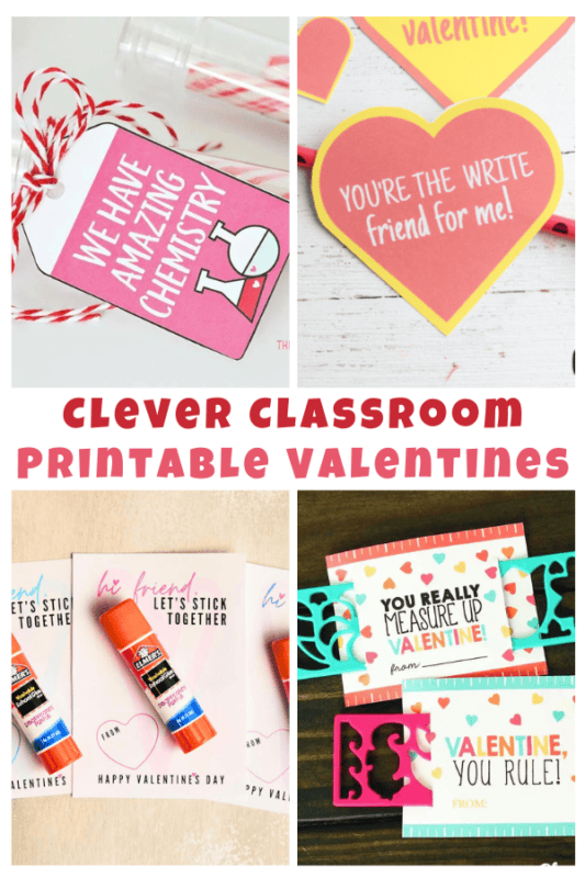 4 photos of different valentines/heart themed printables. Text clever classroom printable valentines