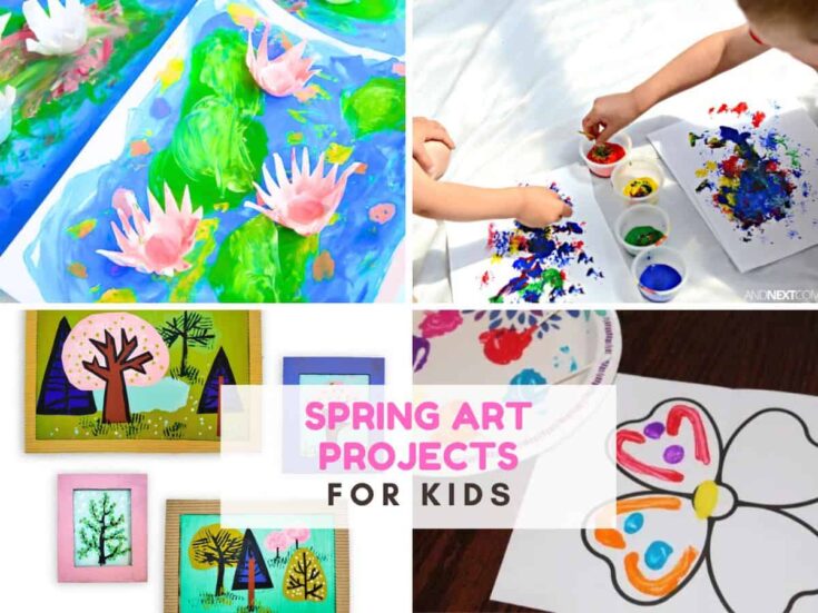 4 photos of kids spring paintings including lots of flowers. Text reads Spring Art projects for kids