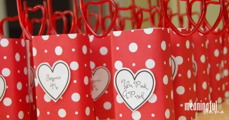 Red bags with white dots an hearts on the front
