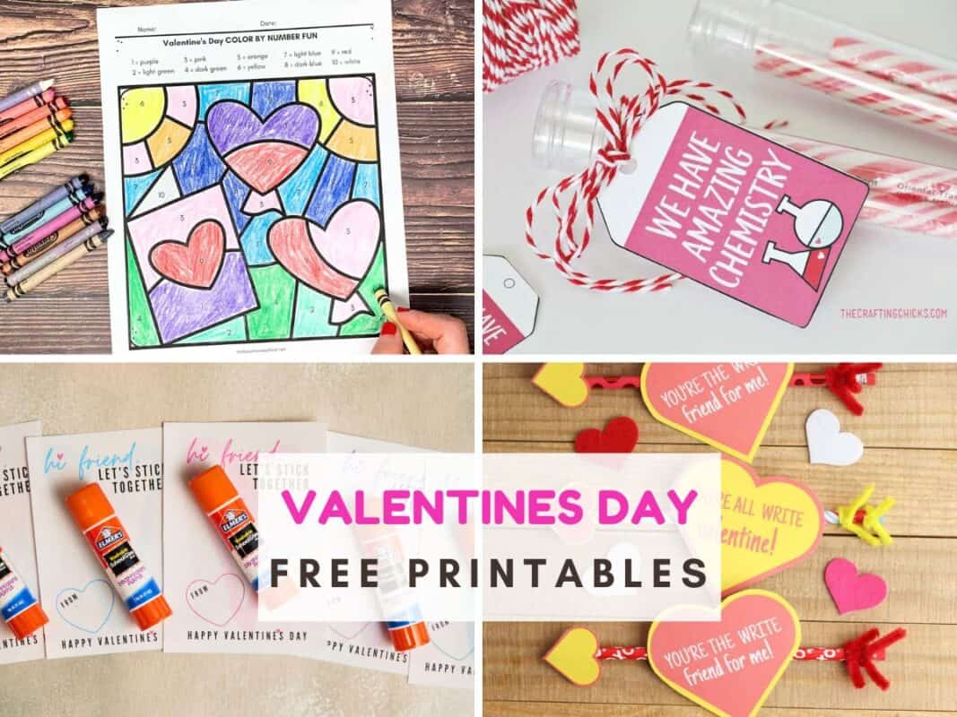 4 photos of different valentines/heart themed printables. Text reads valentines day free printables