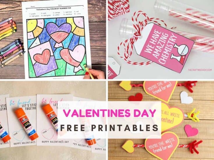 4 photos of different valentines/heart themed printables. Text reads valentines day free printables
