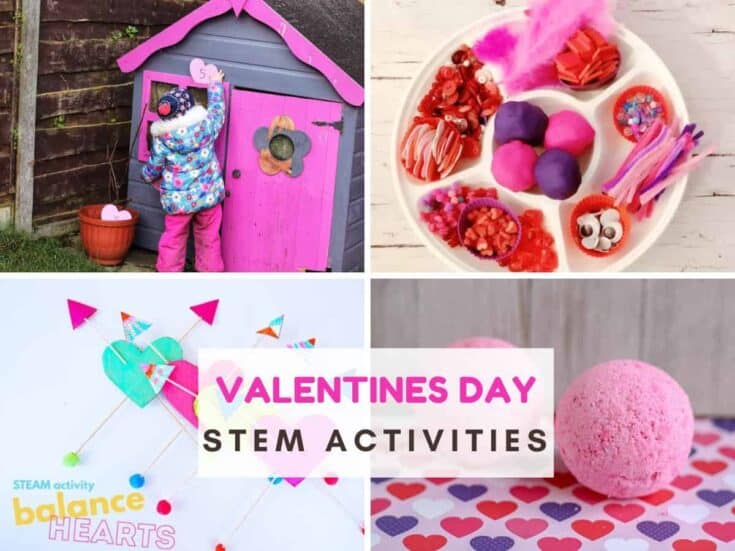 4 photos of pin, red and heart stem activities. Text reads valentines day stem activities
