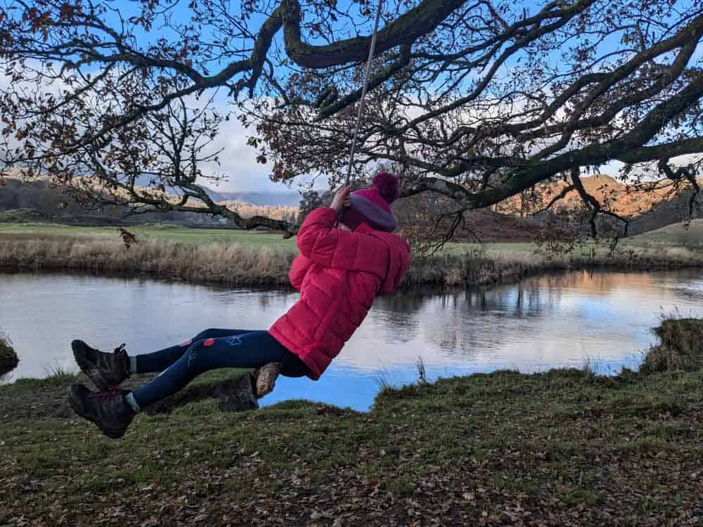 Child in a pink coat on a tree swing by a lake